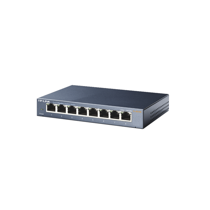 Switch Gigabit no administrable de 8 puertos 10/100/1000 Mbps / Tecnología Plug and Play / Carcasa de Metal / Soporte de Montaje en Rack.