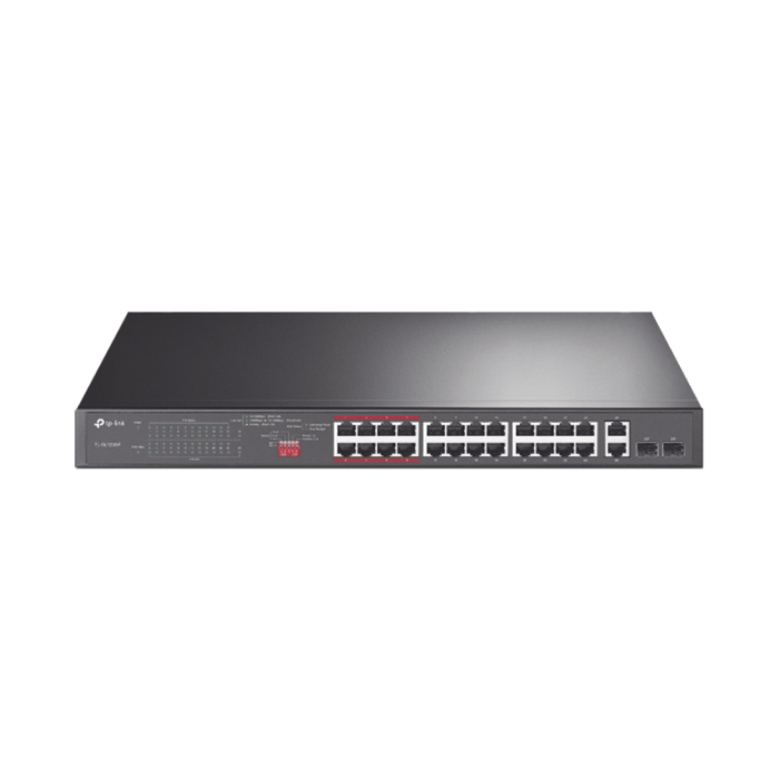 Switch No Administrable 24 Puertos PoE+ 10/100 Mbps / 2 Puertos 10/100/1000 Mbps + 2 Puertos SFP (combo) / Modo Prioridad de Tráfico / Modo Aislamiento de Red / Presupuesto PoE de 250 W / Diseño para Ideal para Vigilancia IP