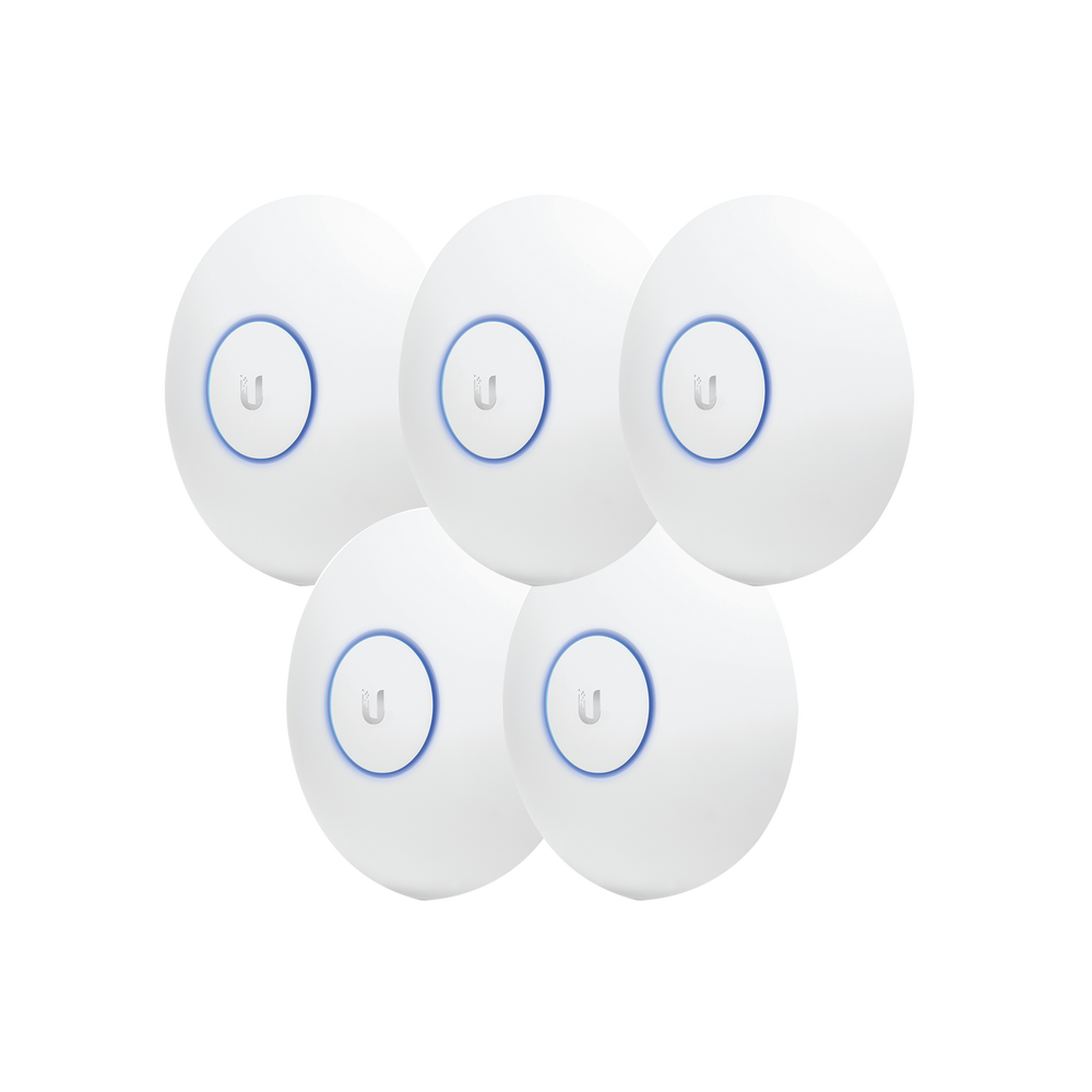 Paquete de 5 Access Point UniFi de largo alcance, Doble banda 802.11ac MIMO2X2 para interior, PoE 802.3af, soporta 250 clientes, hasta 867 Mbps, Los equipos no incluyen poe se sugiere comprar aparte el modelo POE-24-12W-G