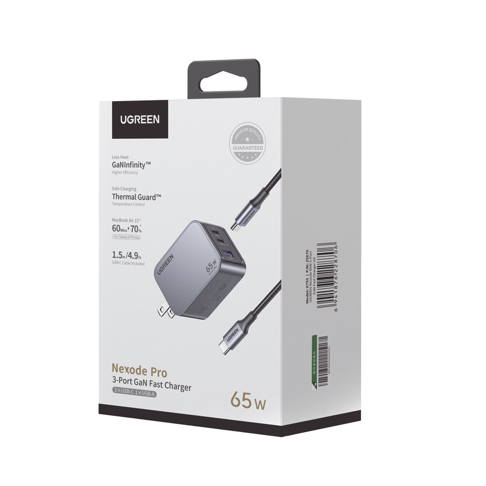 Cargador de 65W serie Nexode Pro | 3 Puertos de Carga Rápida | 2 USB-C | 1 USB-A | Tecnología GaNInfinity | PD3.1 de 65W / QC4.0 | Tecnología de Protección Térmica | Optimiza la Carga | Caja de Aluminio | Incluye Cable U - Image 3